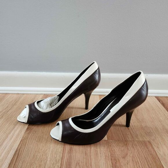 Bandolino Brown White Colorblock Peep Toe Heels 7.5 - Picture 2 of 6